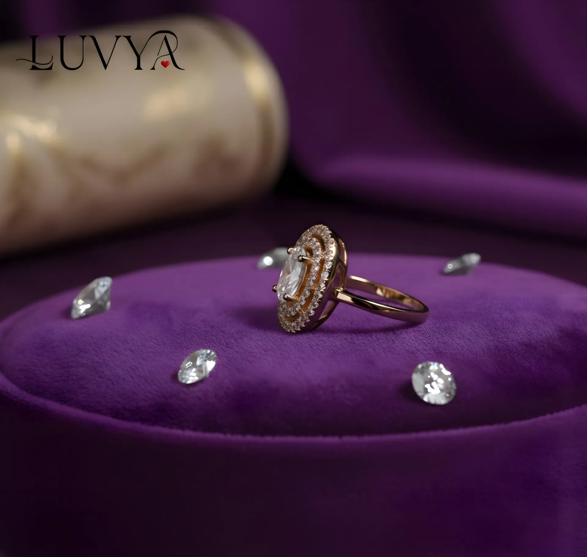 LUVYA Luxurious Rose Gold American Diamond (AD) Adjustable Ring for Women & Girls | Elegant Oval Double Halo Design | Anti-Tarnish Daily & Party Wear Finger Ring